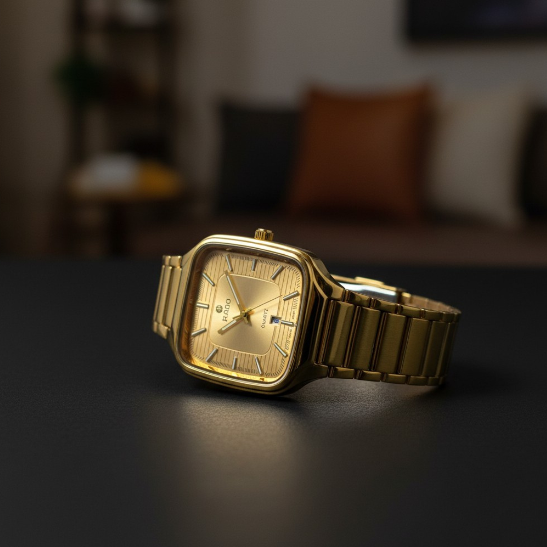 RD Square Golden Chain Watch for Men | Luxury Gold Stainless Steel Watch
