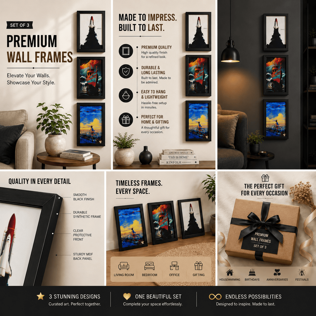 Modern Framed Wall Art Set of 3 – Premium Home Decor for Living Room, Bedroom & Office