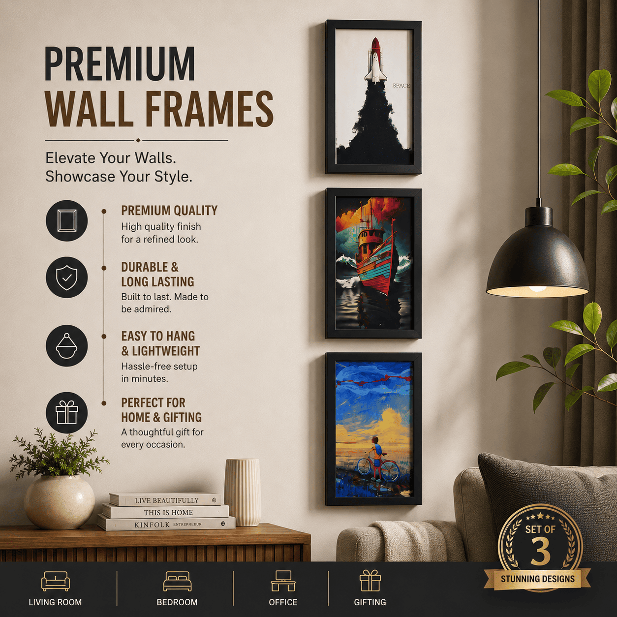 Modern Framed Wall Art Set of 3 – Premium Home Decor for Living Room, Bedroom & Office