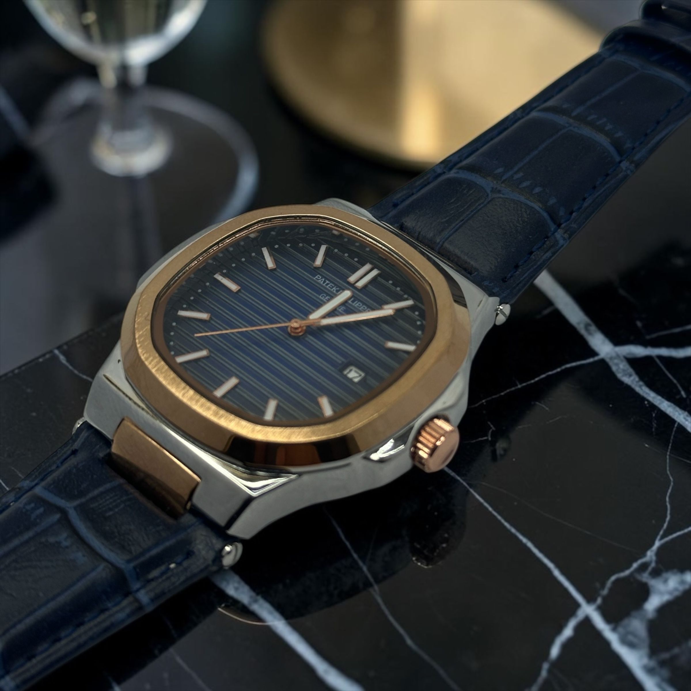 PP Nautilus Two-Tone Blue Leather Strap Watch – Luxury Men's Dress Wristwatch